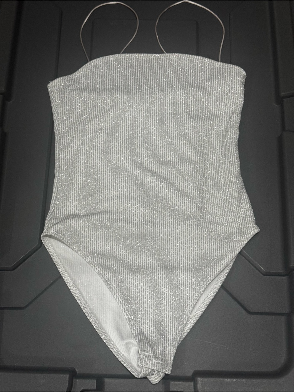 Zara Metallic Silver Ribbed One-Piece Bodysuit